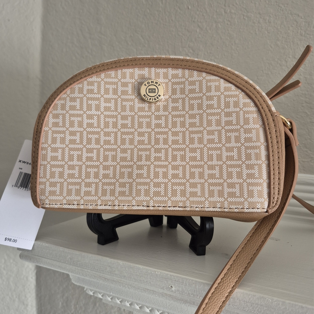Tommy Hilfiger Beige and White Half Moon Logo Crossbody Bag